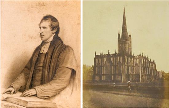 威尔森主教画像(图像采自其族谱)/ 1851年拍摄的加尔各答圣保罗大教堂(St. Paul”s Cathedral Kolkata,1847 年落成)(大英图书馆藏老照片)